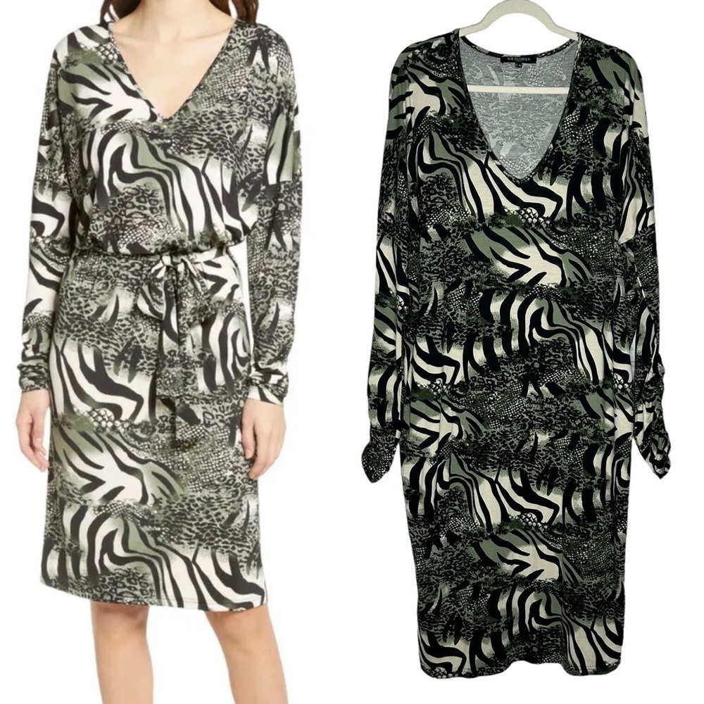 Isle Jacobsen Abstract Animal Print Long Sleeve Jersey Knit Lagenlook Midi Dress